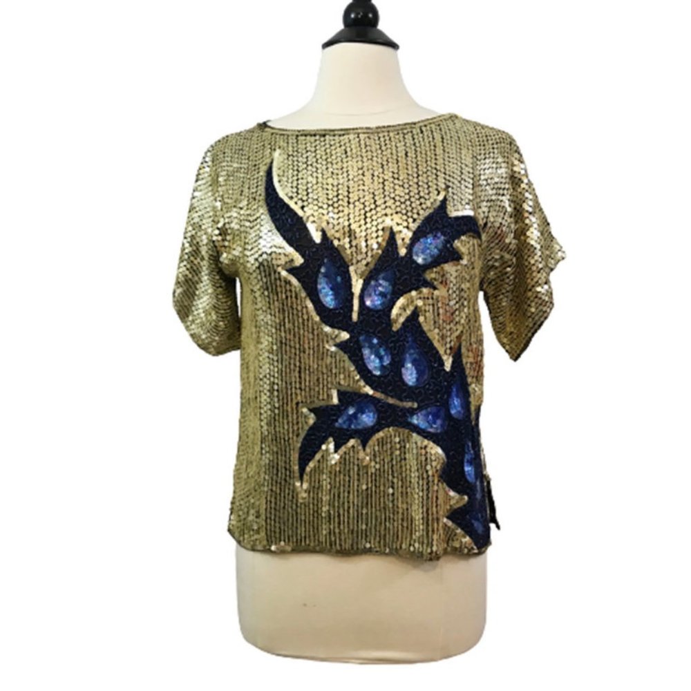 Vintage 80s Blouse Sequin Beaded Silk Flapper Style Tunic Top Trophy